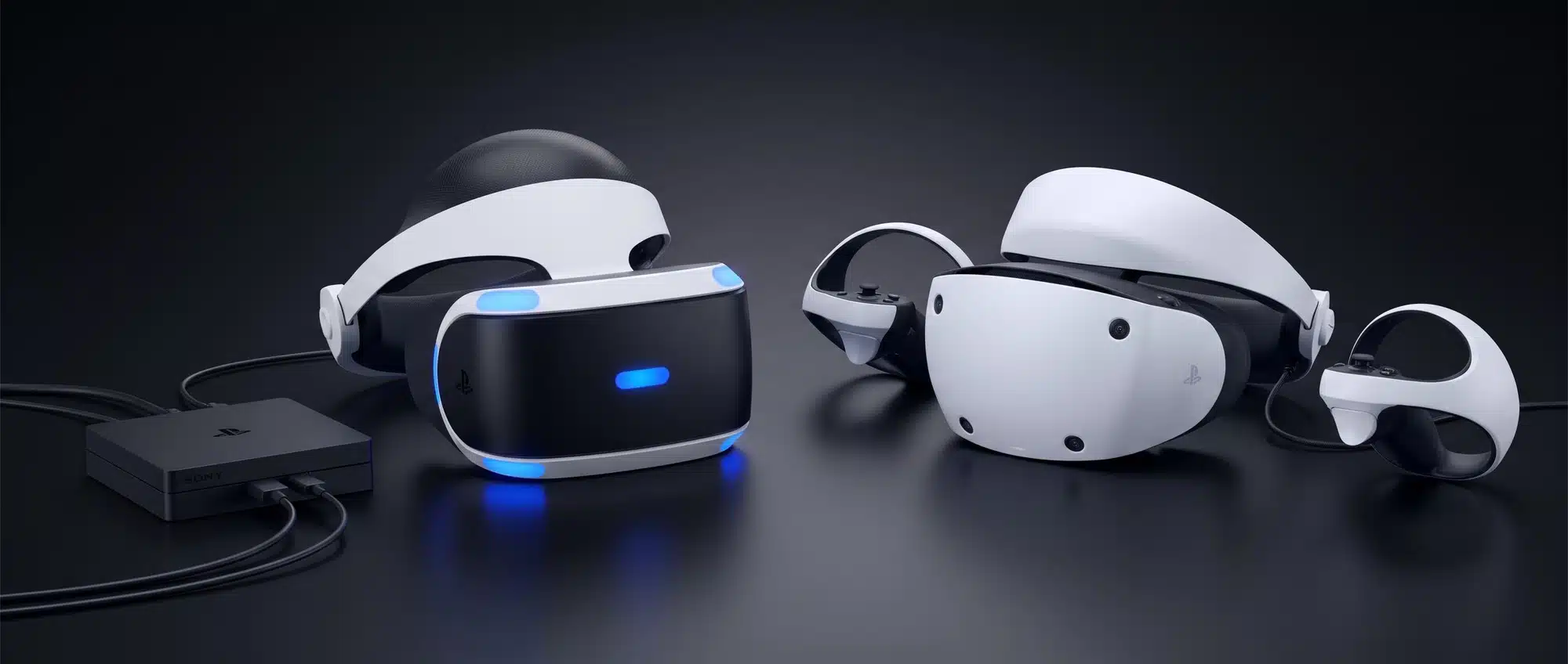 PlayStation VR and PlayStation VR2 headsets side by side, showing the evolution of Sony's virtual reality gaming