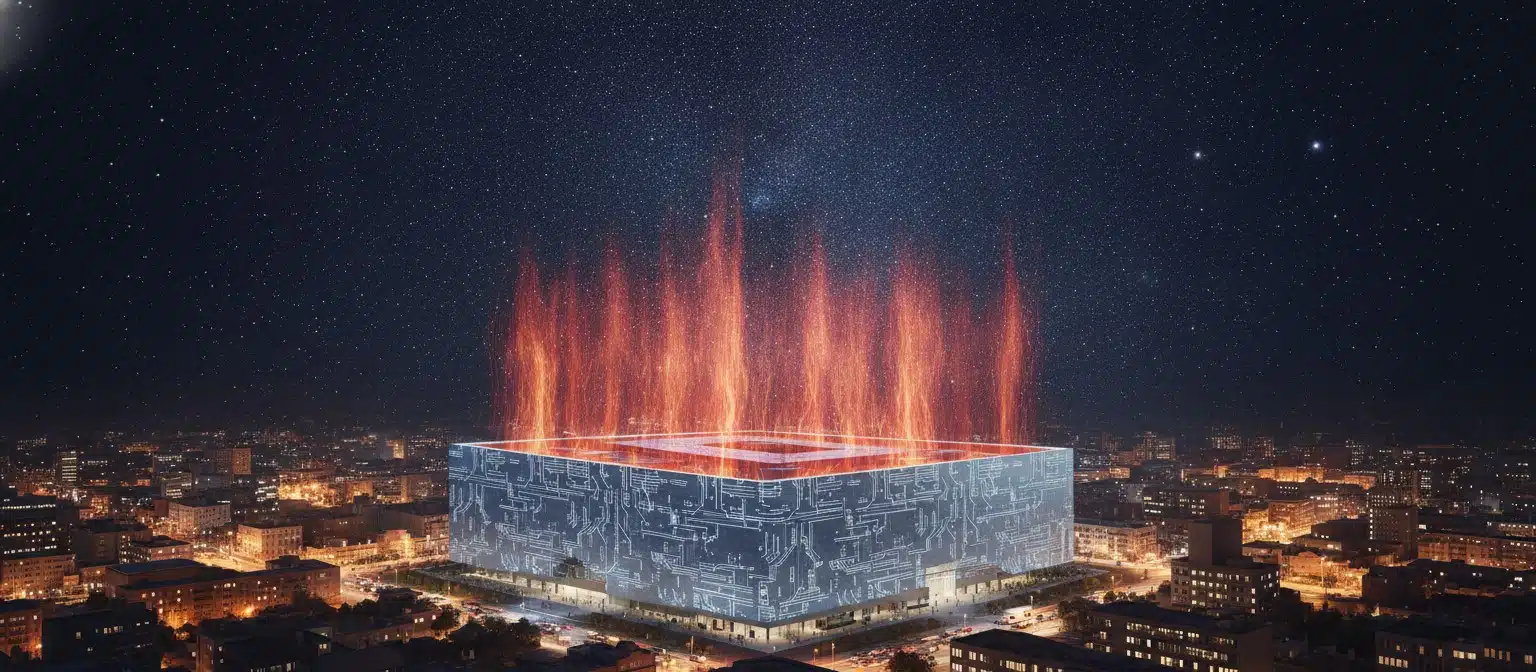 Conceptual illustration of radiative cooling technology on a building roof, with thermal radiation emitted into space through the atmospheric infrared window