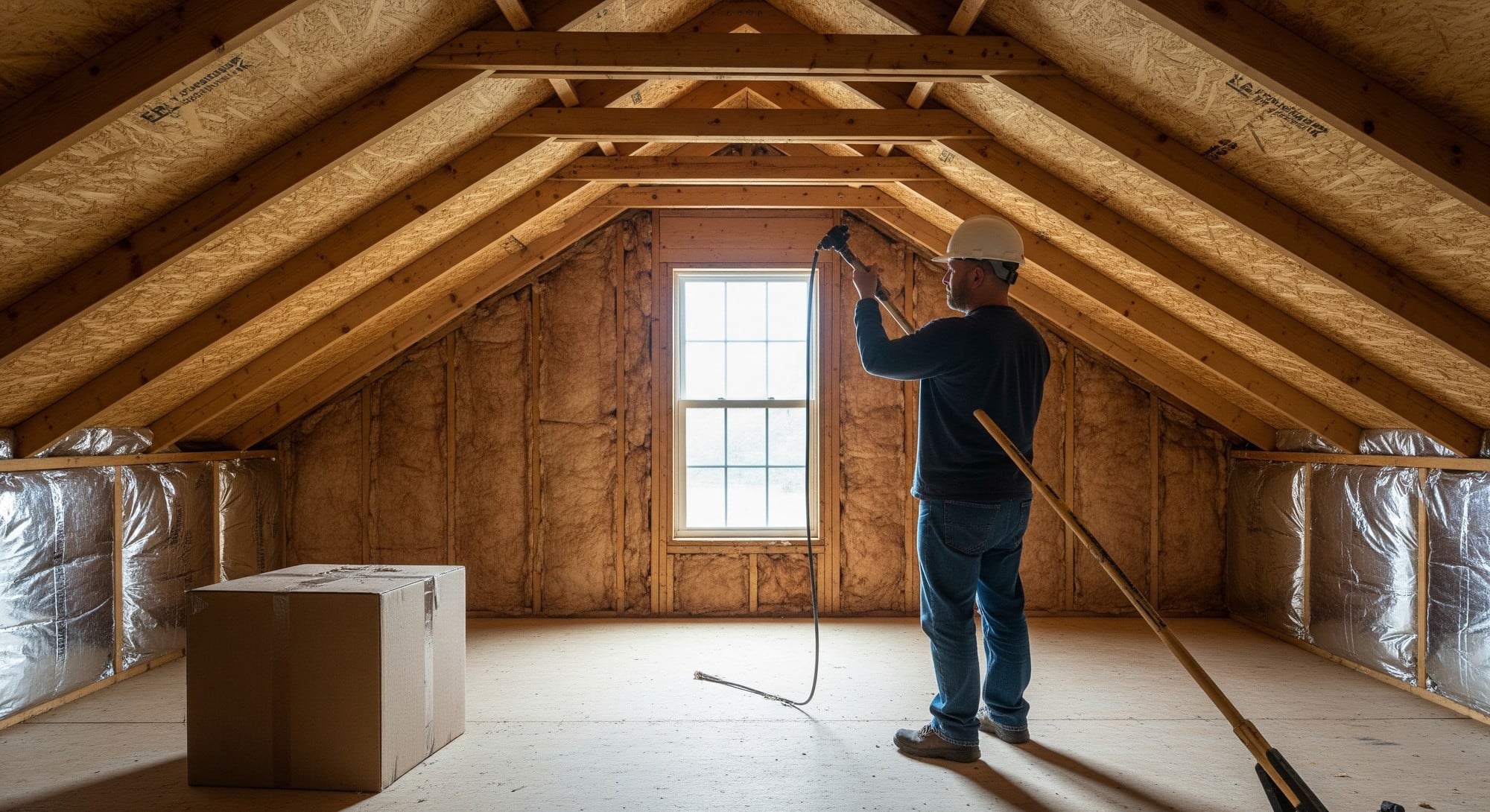 Clean restored attic with fresh insulation and sealed beams after professional wildlife damage remediation