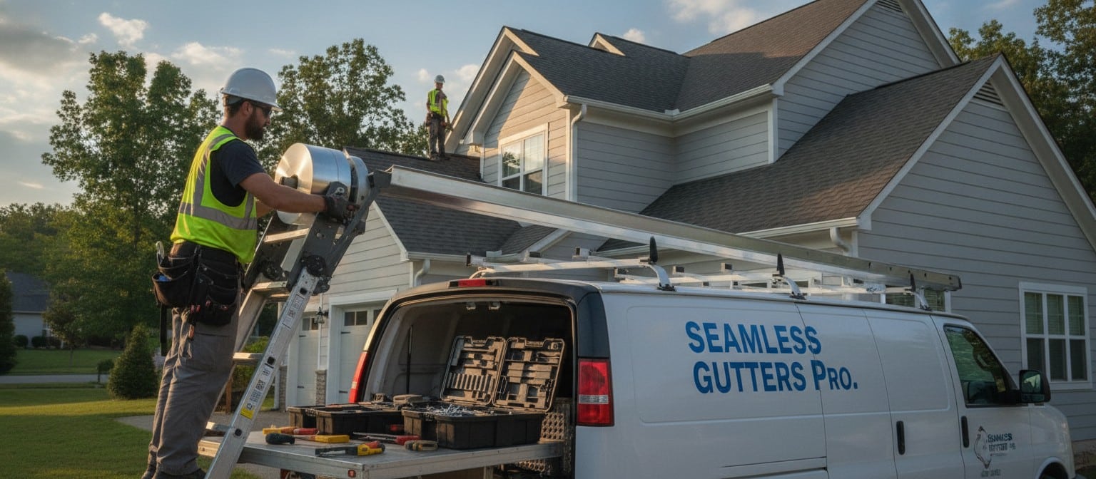 Technician using mobile seamless aluminium gutter machine on-site