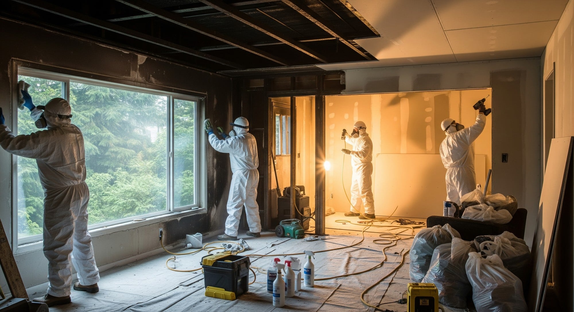 Fire Damage Restoration in Seattle: A Complete Guide for Homeowners Fire damage restoration professionals working on a smoke-damaged Seattle home interior