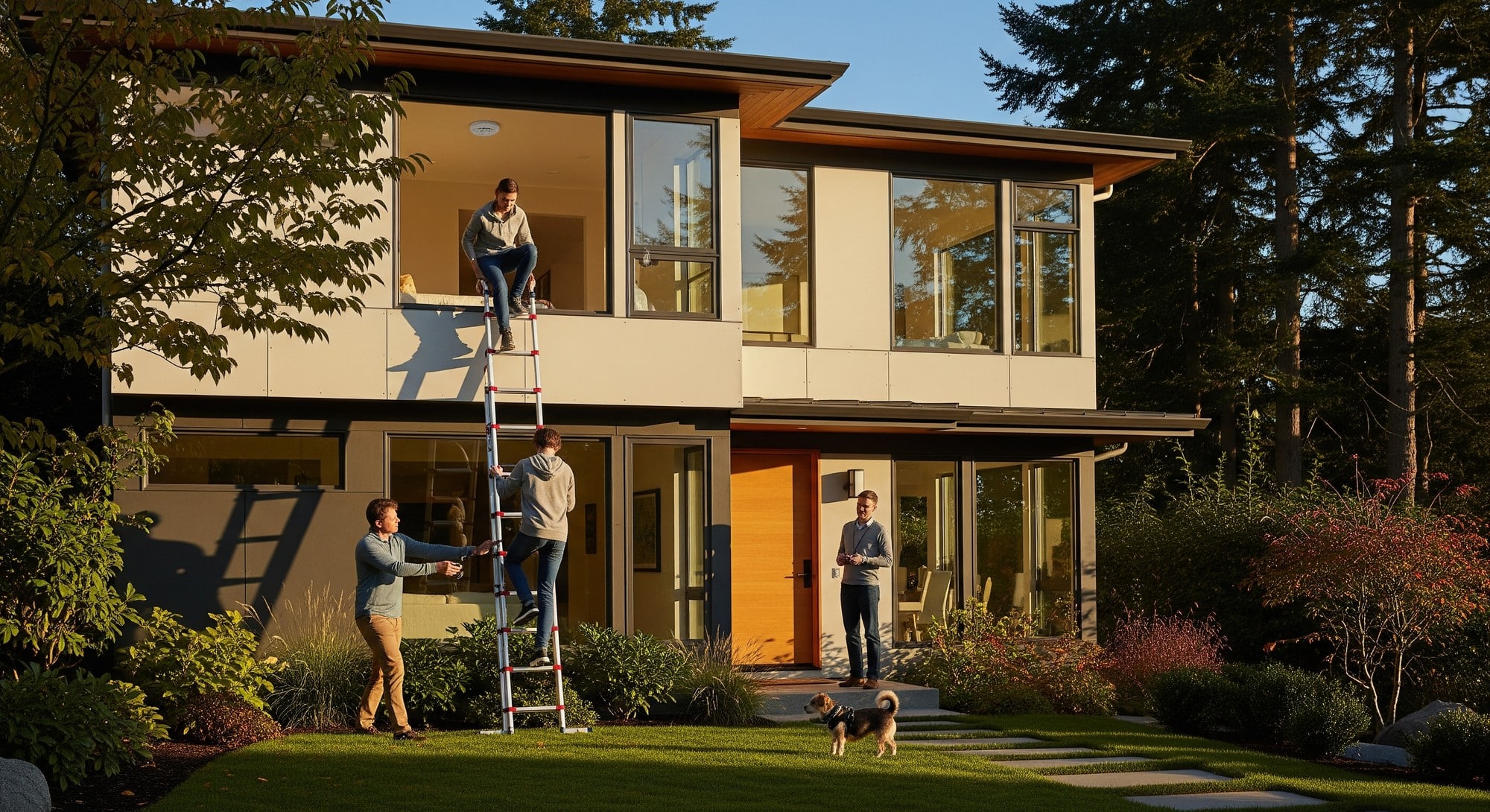 A Seattle family practicing their fire escape plan outside a modern home, emphasizing fire safety and preparedness