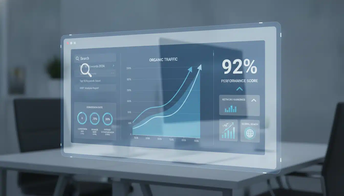 SEO analytics dashboard with upward trending metrics and search optimization visuals
