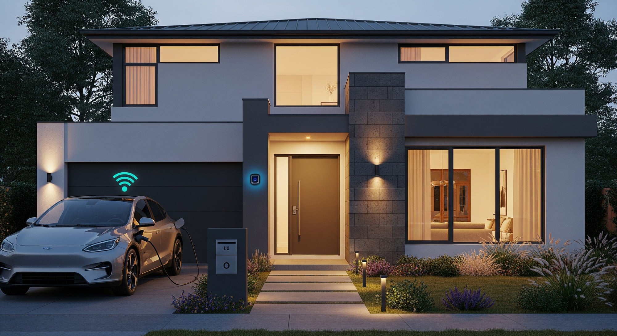 Modern suburban smart home exterior at dusk with video doorbell, smart lock, and EV charger