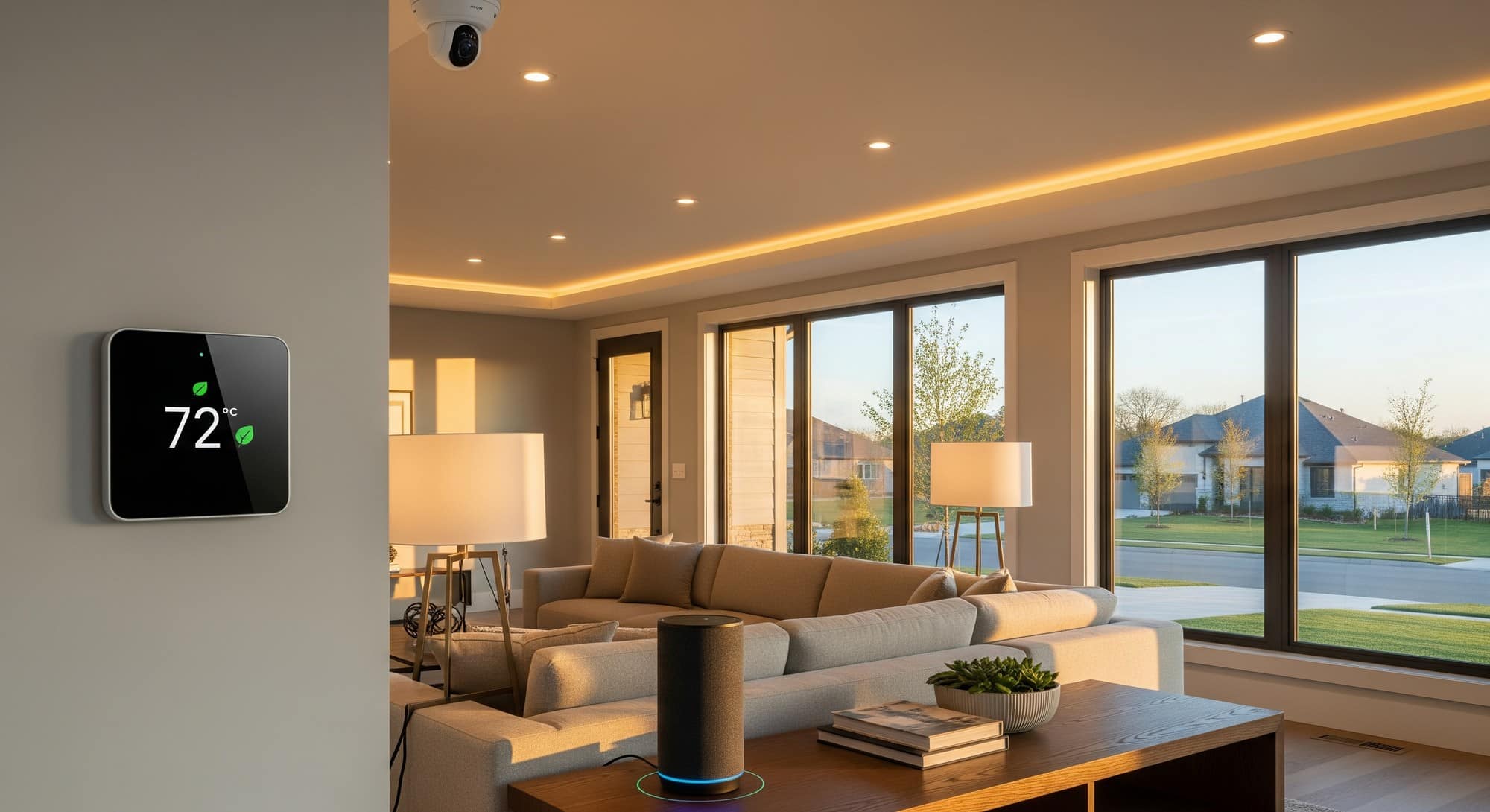 How Smart Home Technology is Transforming the Real Estate Market Modern living room with integrated smart home technology including thermostat, lighting, and voice assistant