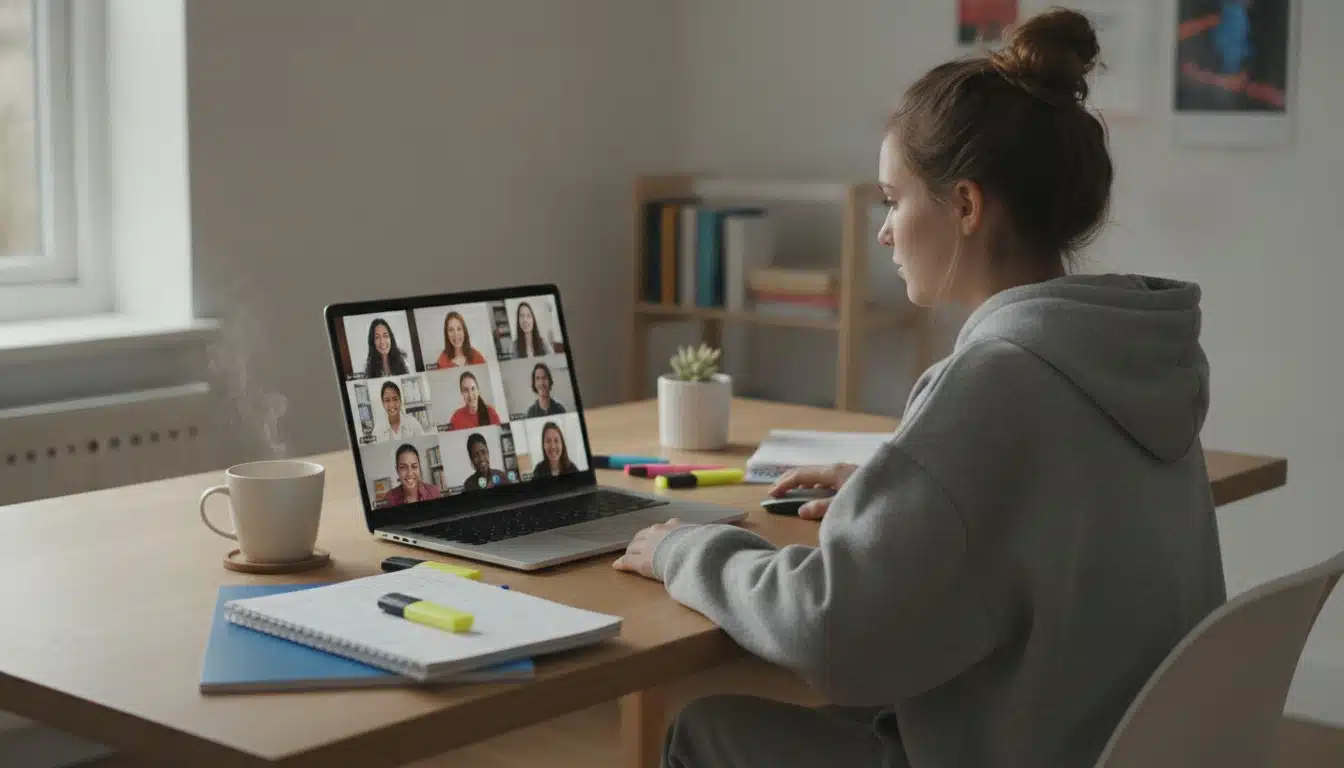 Student using a laptop to participate in a virtual focus room while studying at a clean modern desk
