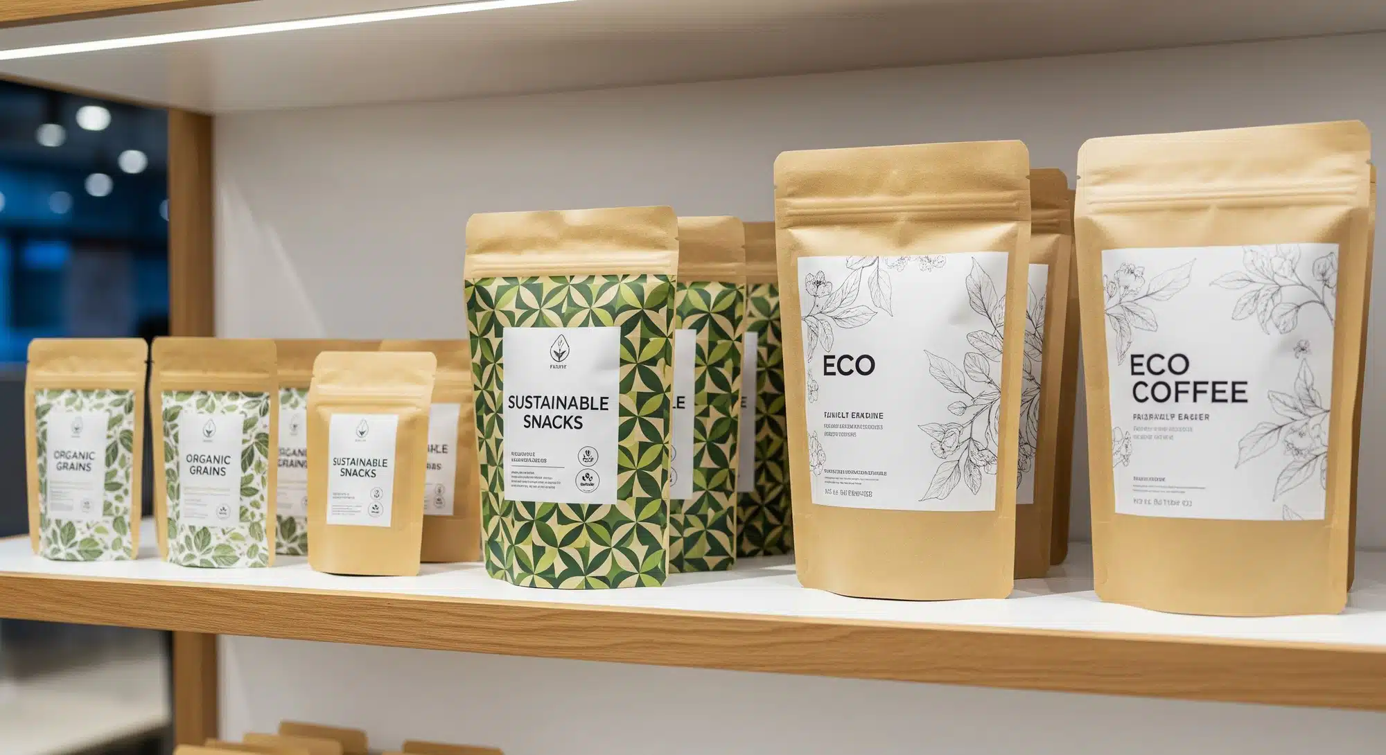 Sustainable flexible packaging pouches on a retail shelf