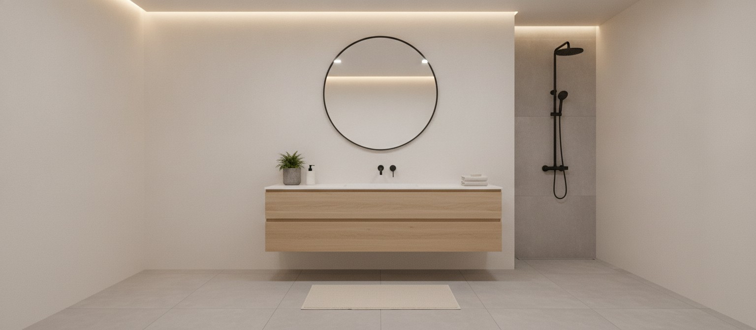 Minimalist bathroom with timeless neutral design and matte black fixtures