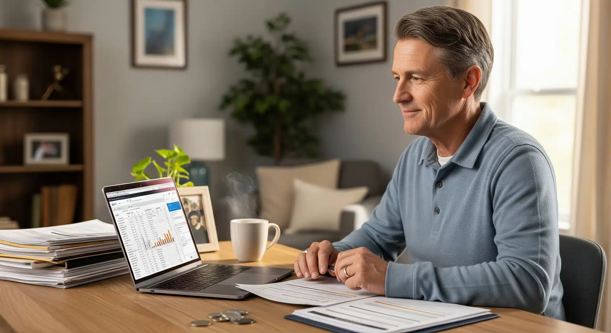 Veteran carefully reviewing VA disability benefit paperwork at a home desk