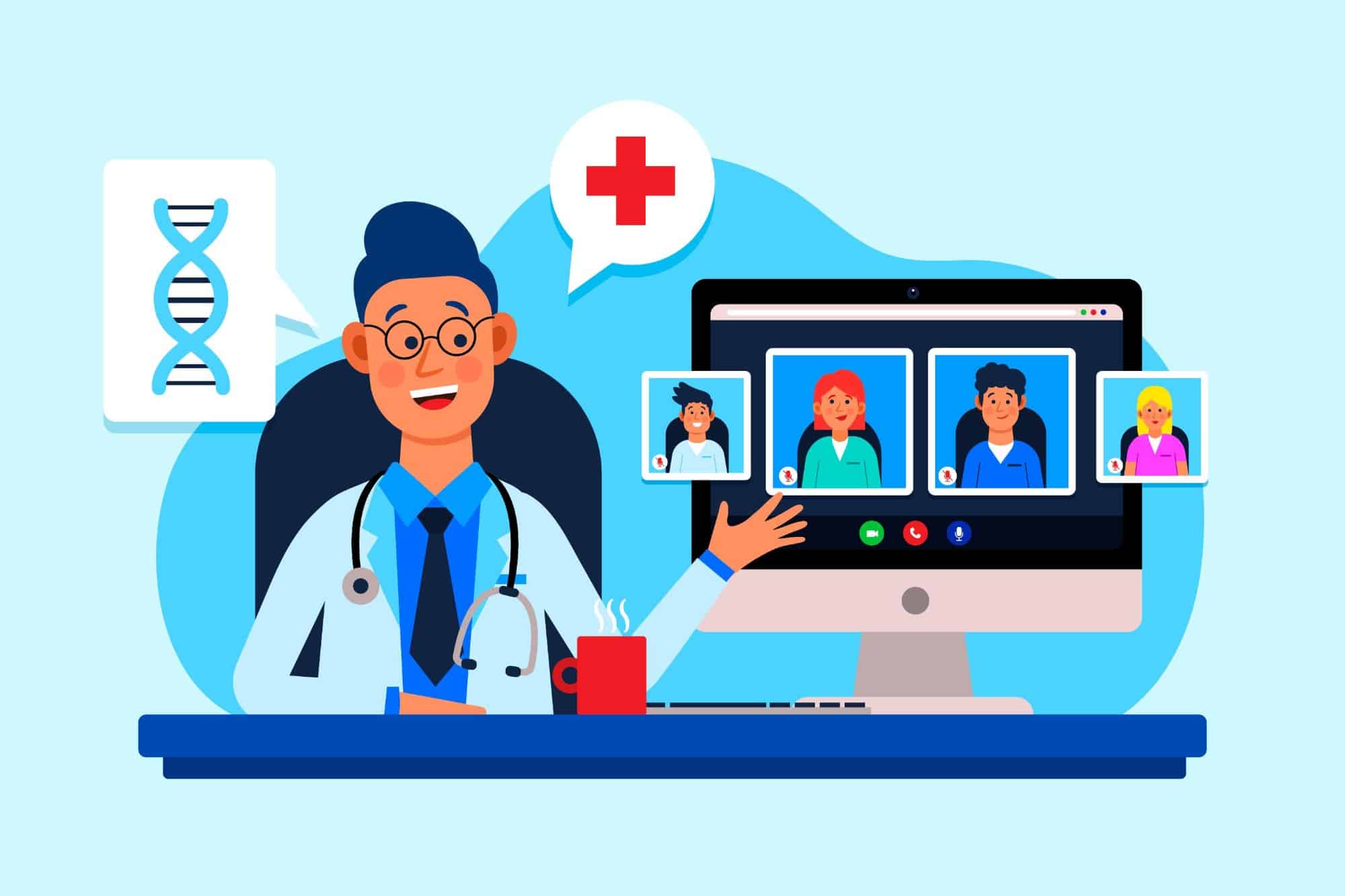 A doctor on a video call with three patients, with icons for DNA and a medical cross in the background.