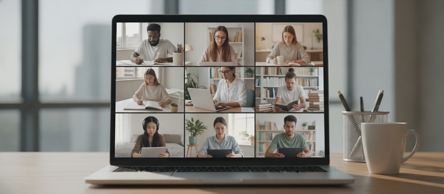 Diverse group of students and professionals studying together silently in a virtual focus room via video call