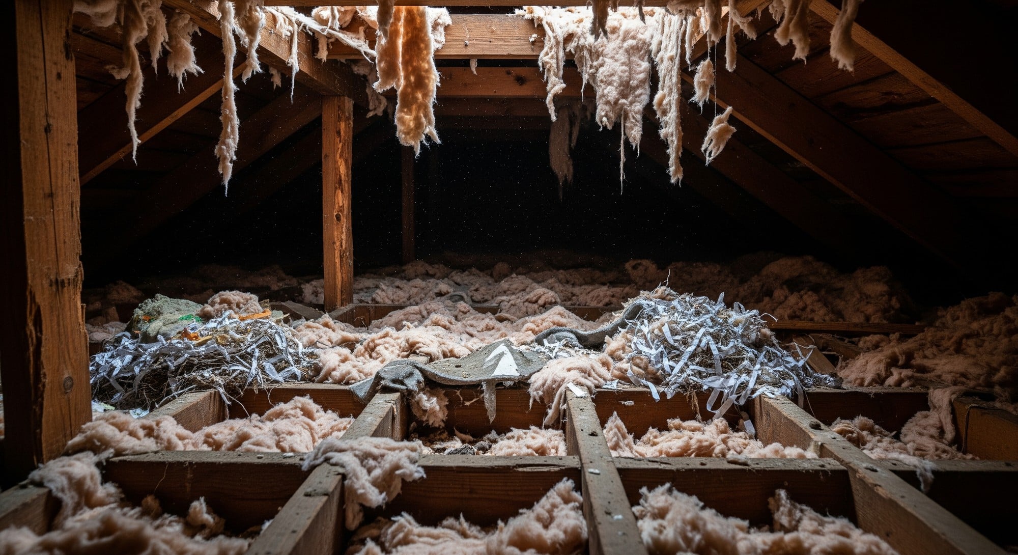 Damaged attic with torn insulation, droppings, and chewed wooden beams from wildlife infestation