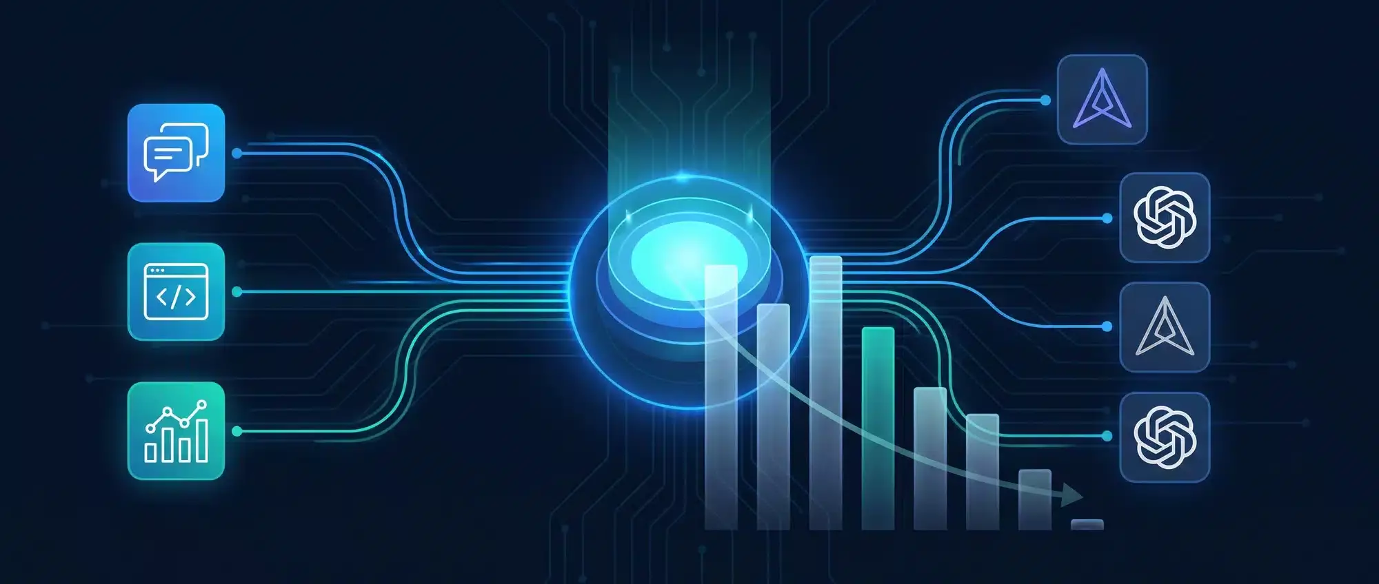 AI API gateway dashboard showing model routing and cost optimization across multiple AI providers