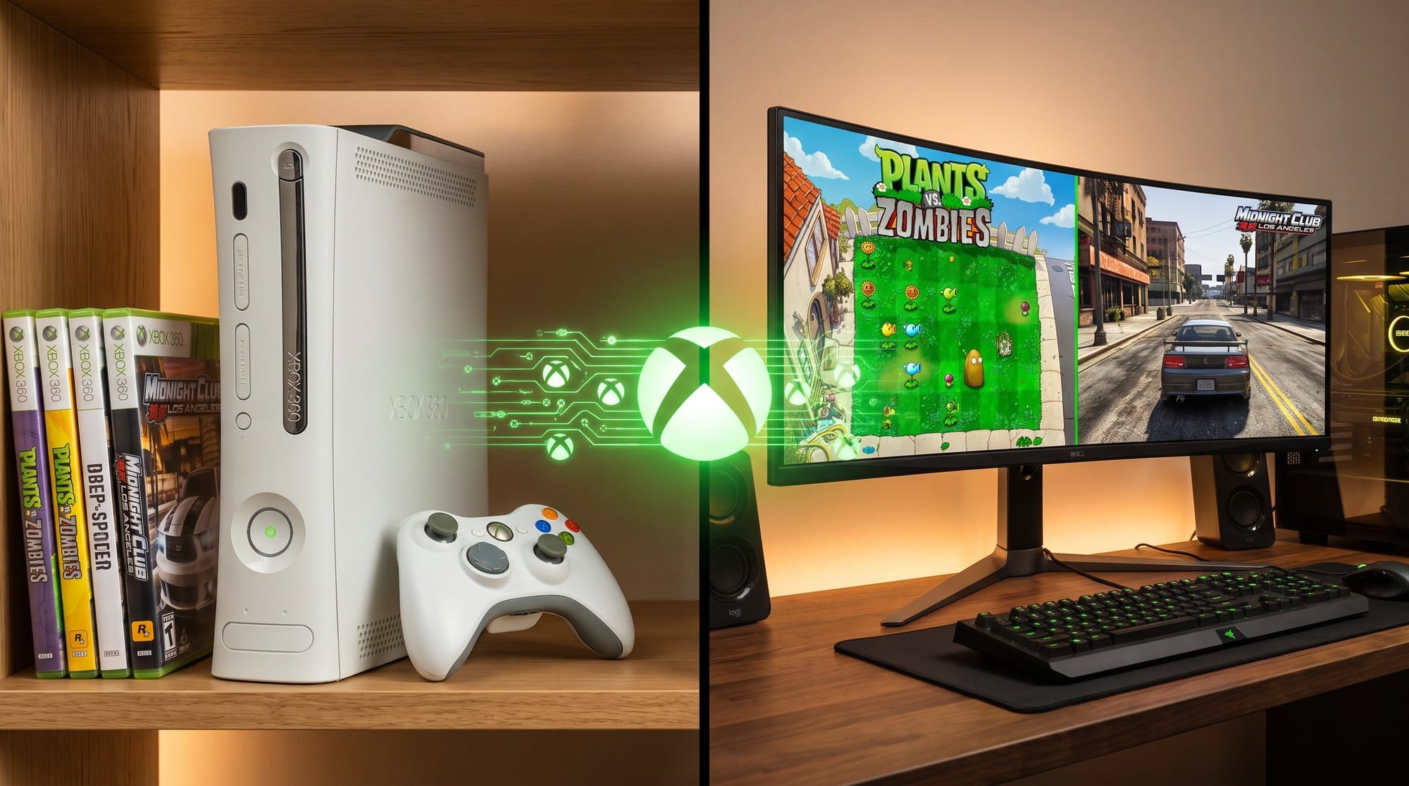 Xbox 360 games being ported to PC through Microsoft backward compatibility emulator showing Plants vs Zombies and Midnight Club Los Angeles