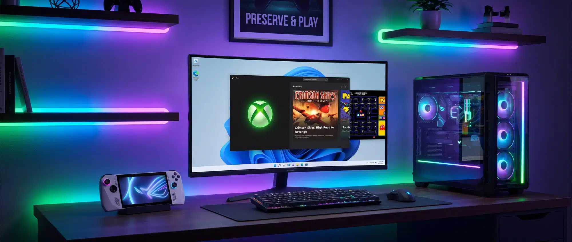 Xbox backward compatibility on PC featuring classic Xbox games running on Windows 11 with ROG Ally handheld