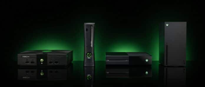 xbox-consoles-evolution-featured Evolution of Xbox consoles from 2001 to present, featuring the original Xbox, Xbox 360, Xbox One, and Xbox Series X in dramatic green-lit black setting