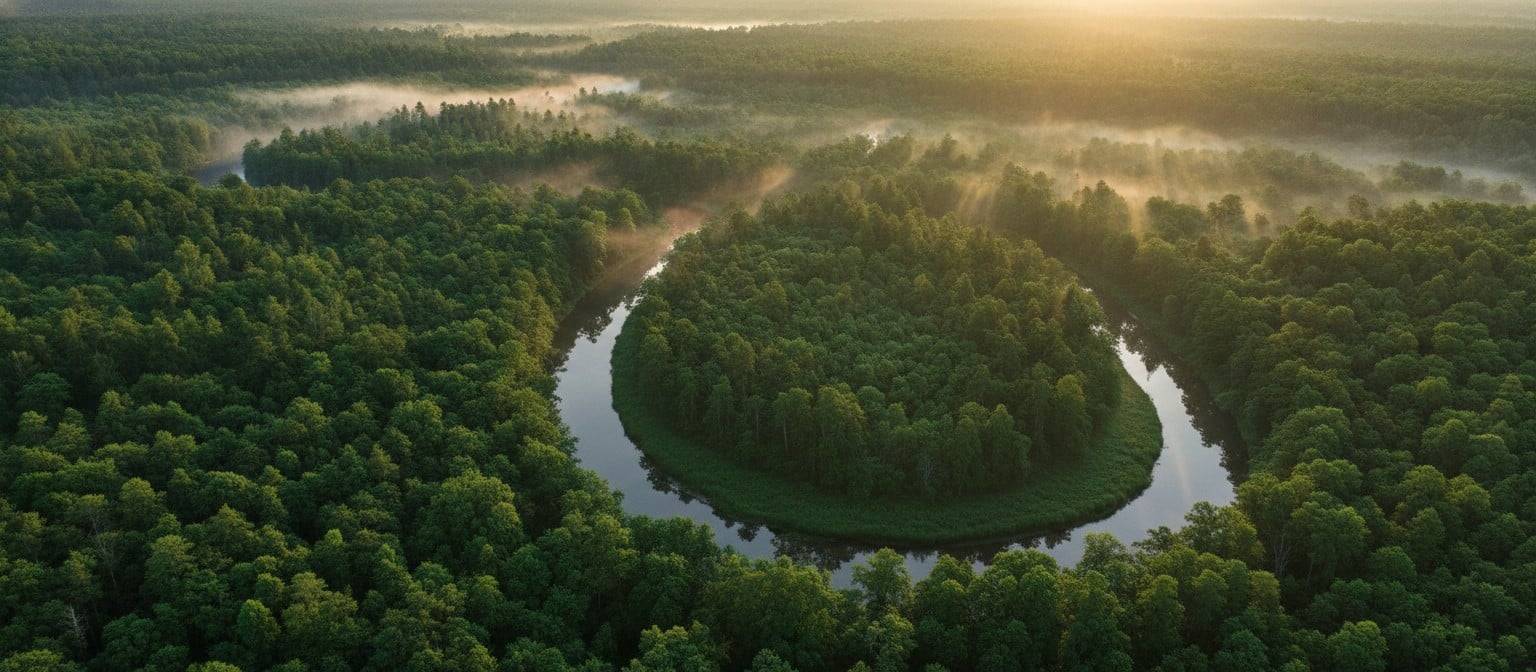 How to Offset Your Carbon Footprint in Three Steps Aerial view of a lush green forest at sunrise, representing carbon sequestration and offsetting