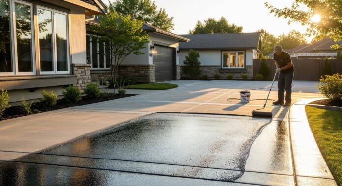 concrete-driveway-sealing-protection A concrete driveway being sealed with a roller applicator, showing the glossy protective finish