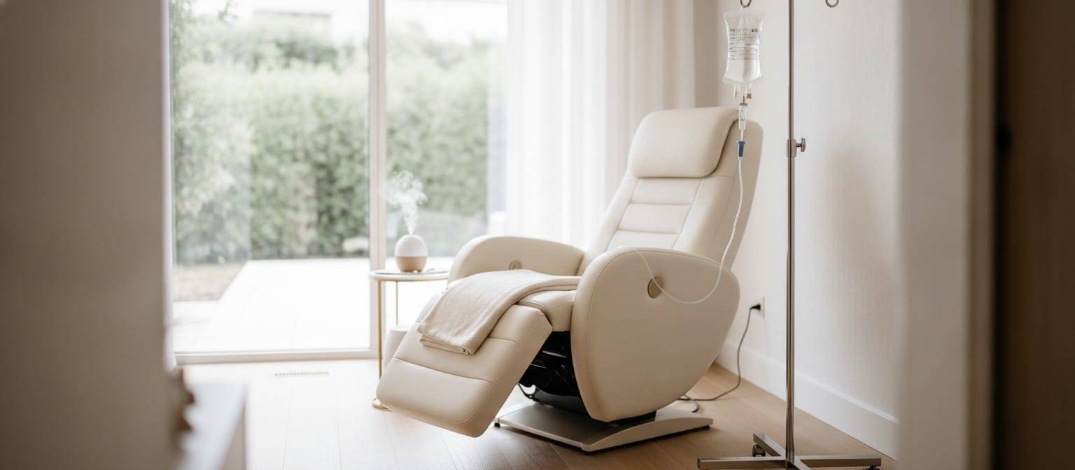 Clear IV drip bag on a stand in a bright, modern wellness clinic treatment room with a reclining chair