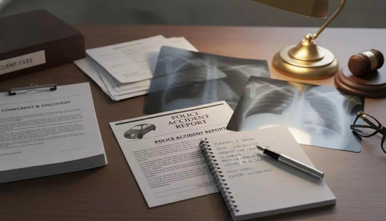 Organized legal documents and medical records on a desk for evidence collection