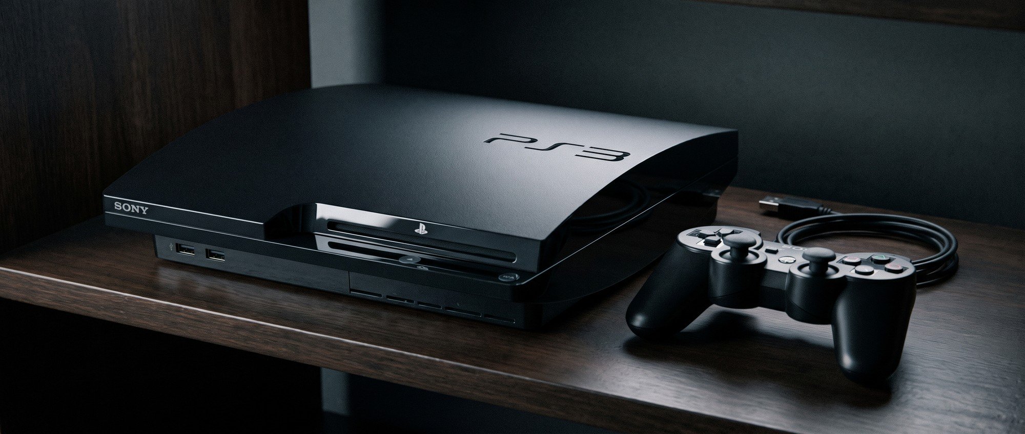 PlayStation 3 slim console with DualShock 3 controller in a modern gaming setup