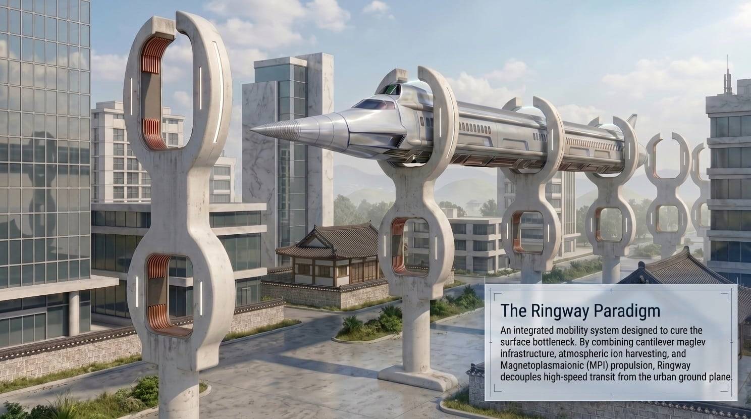 Ringway Transportation System: The Trackless Maglev Revolution A futuristic elevated transit system with a sleek silver train running on suspended concrete pylons above a city.