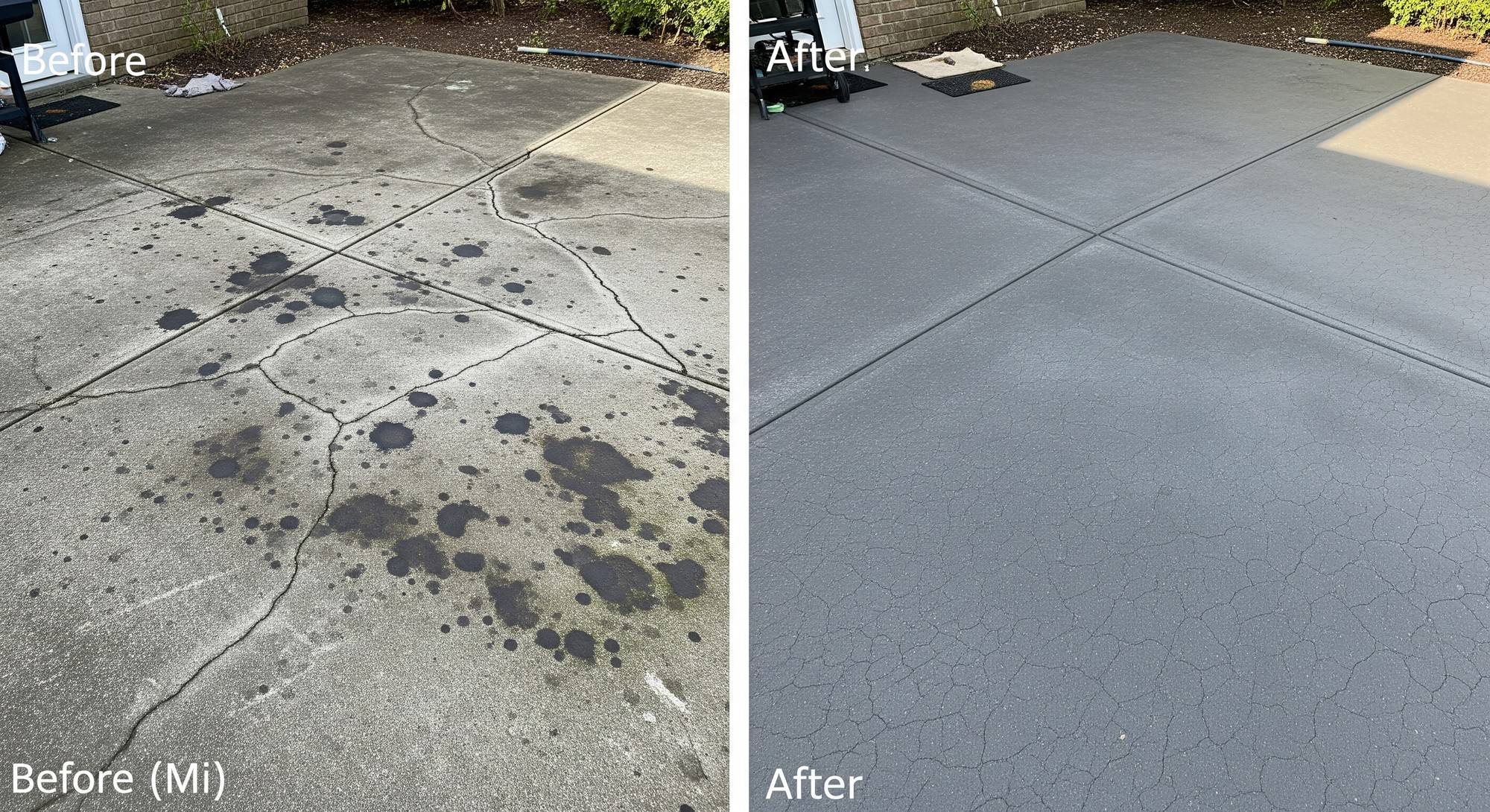 Comparison of unsealed stained concrete versus clean sealed concrete surface