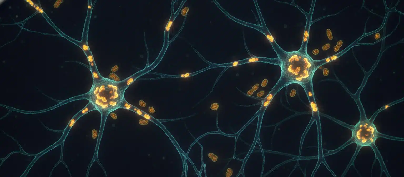 Microscopic view of neurons with protein aggregates highlighted, representing aging brain and neurodegeneration