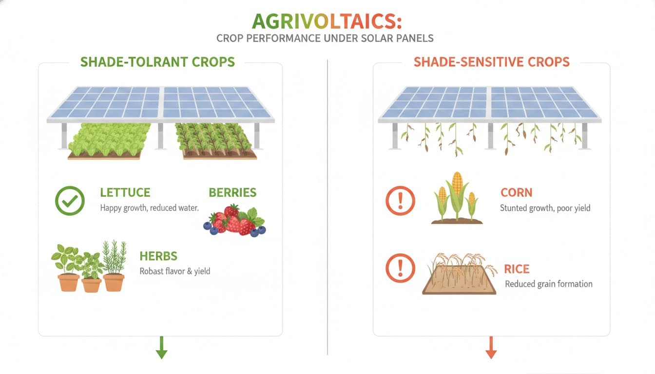 Comparison chart showing shade-tolerant crops that thrive versus shade-sensitive crops that struggle under solar panels