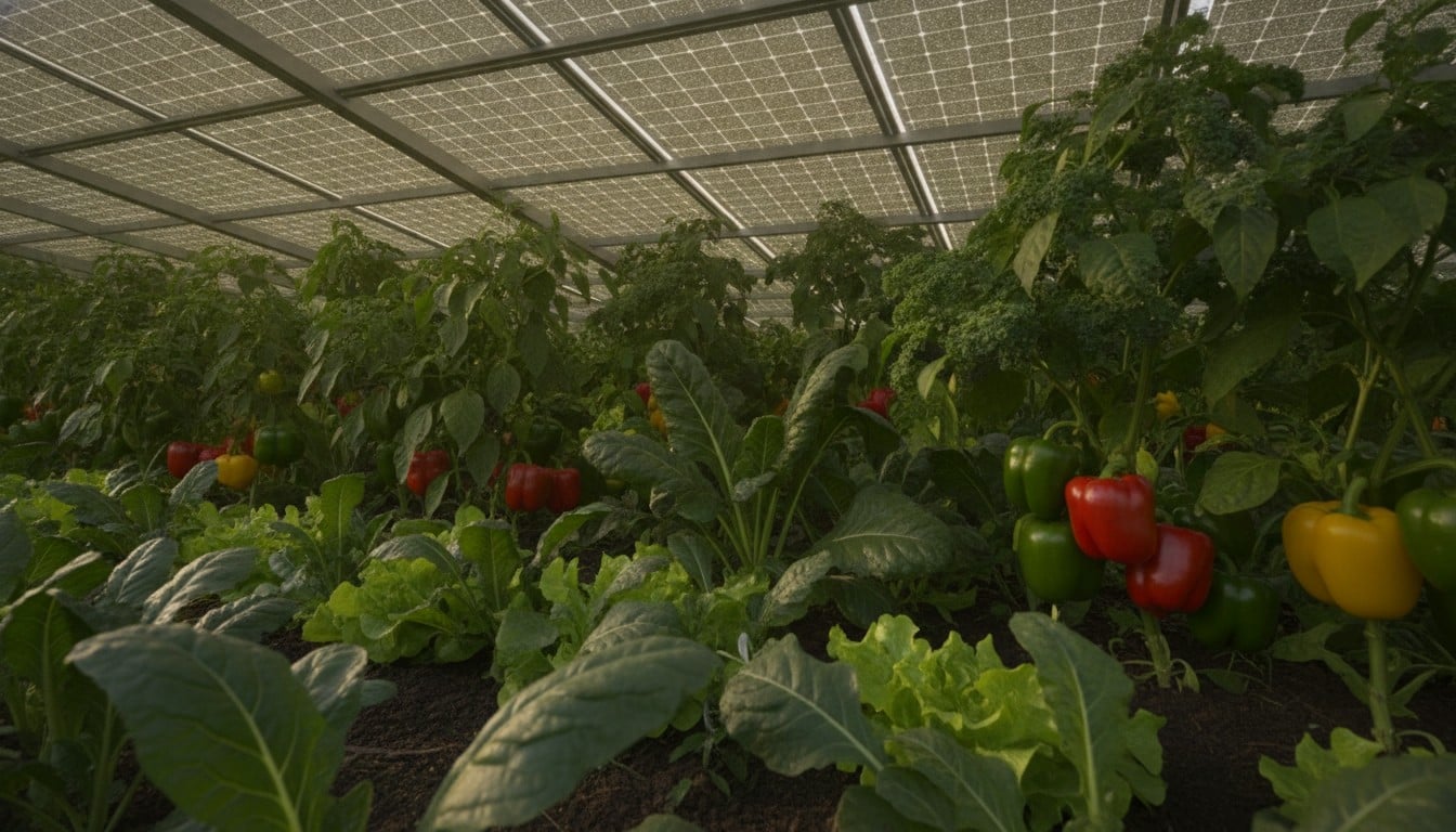Close view of vegetables growing under semi-transparent solar panels with filtered sunlight