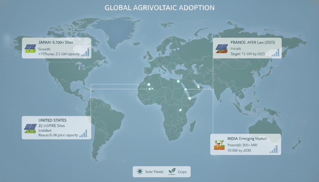 World map showing global agrivoltaic adoption with Japan, France, Germany, United States, and India highlighted
