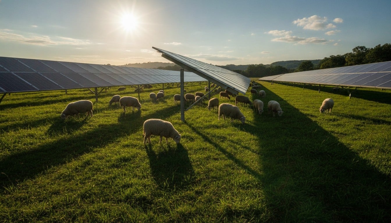 Sheep grazing beneath solar panels in an agrivoltaics solar grazing system