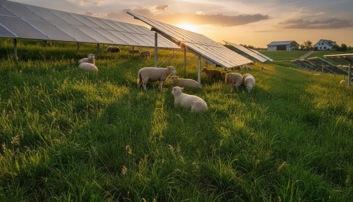 Sheep grazing under solar panels on an agrivoltaic farm demonstrating solar grazing