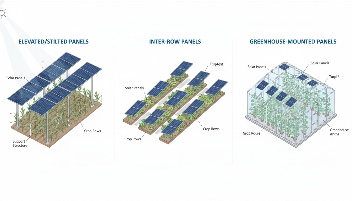 Diagram showing three types of agrivoltaic systems: elevated, inter-row, and greenhouse-mounted