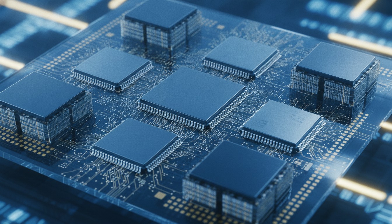 AI chip package with glass substrate interposer connecting multiple chiplets