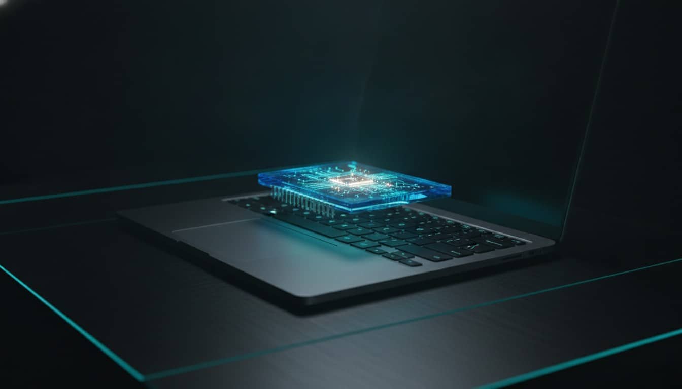 A modern laptop running an AI model locally with a glowing chip above the keyboard