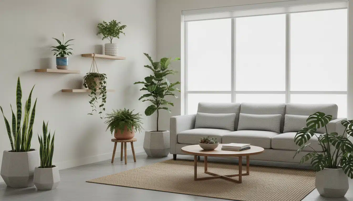 The 12 Best Indoor Plants for Air Purification: Care, Cost, and Pet Safety A collection of air-purifying indoor houseplants arranged in a bright modern living room