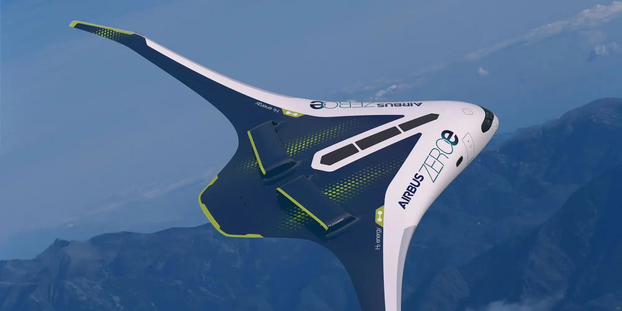An artistic rendering of the Airbus ZEROe concept aircraft, a futuristic blended wing body design, flying over mountains. The aircraft is predominantly white with dark blue and lime green accents. The words