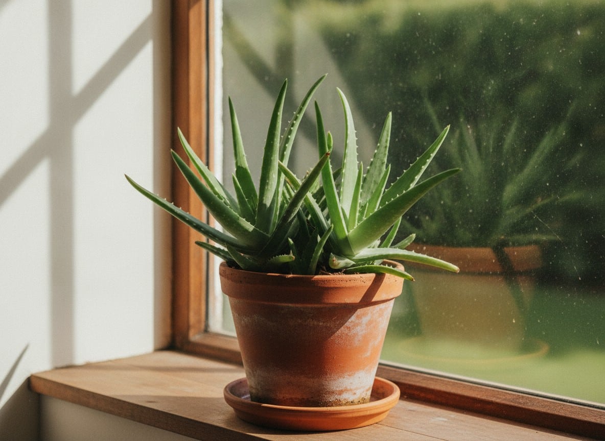 An aloe vera plant with thick fleshy spiky leaves in a terracotta pot