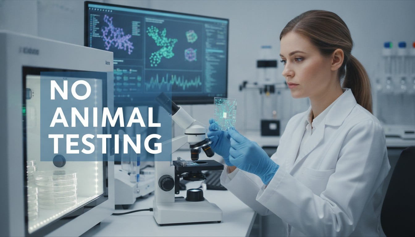 Modern laboratory showing alternative cosmetic testing methods including organ-on-a-chip technology and cell cultures