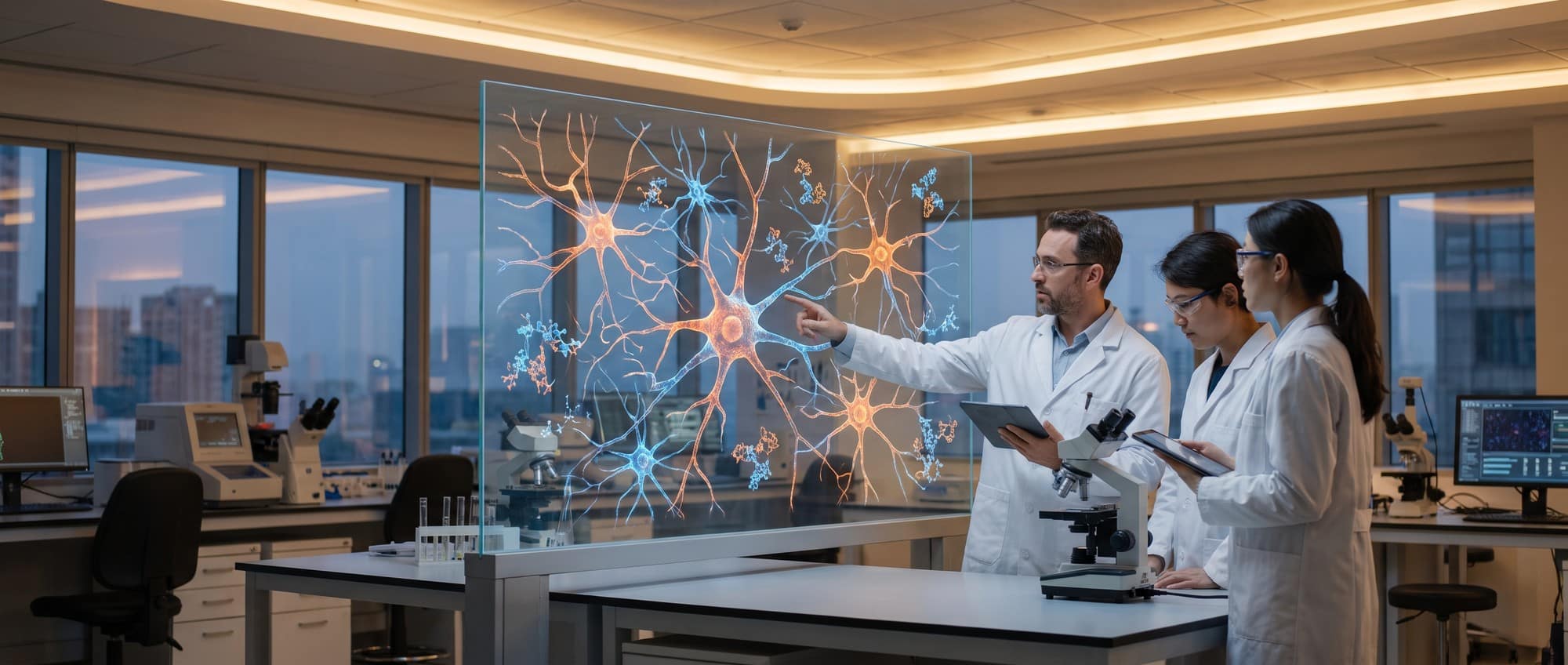 Two New Compounds Could Unlock Hidden Drivers of Alzheimer’s Disease Scientists examining TAOK proteins and Alzheimer's disease brain neurons in a modern laboratory