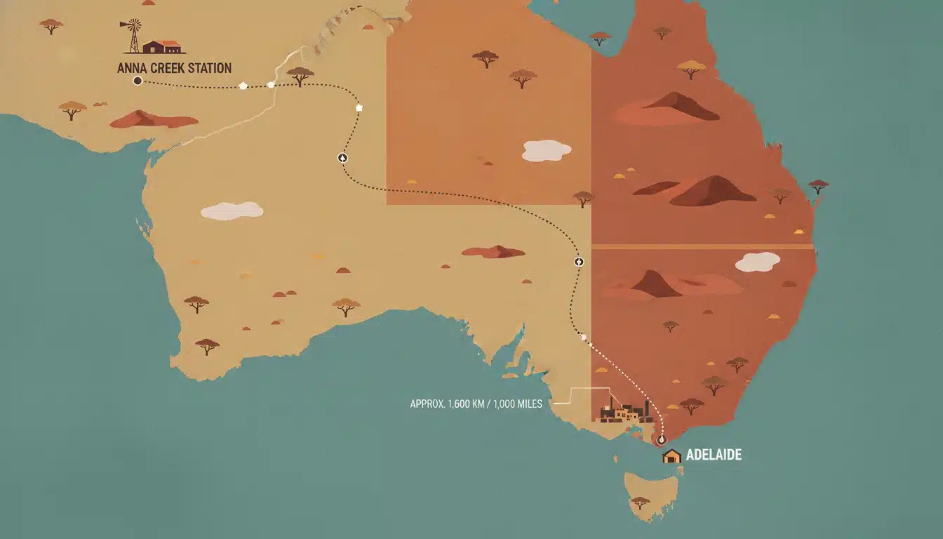 Map showing the remote location of Anna Creek Station in South Australia, with a dotted line marking the 1,800 km route to Adelaide