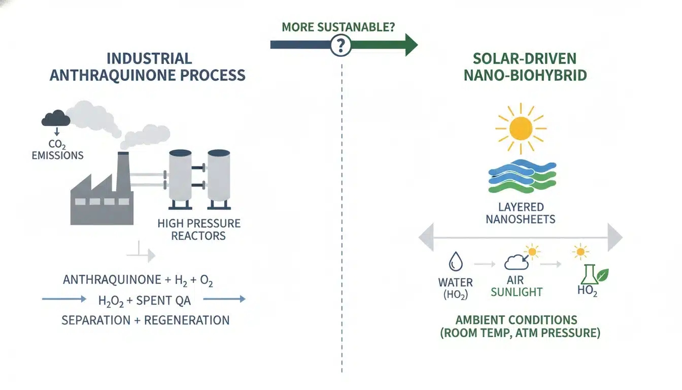 Diagram comparing conventional anthraquinone hydrogen peroxide production vs new solar-driven nano-biohybrid ambient process