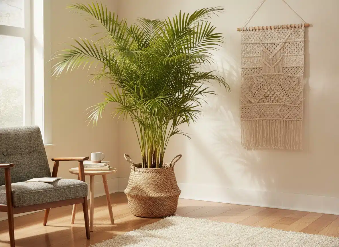 An areca palm with feathery fronds in a woven basket pot