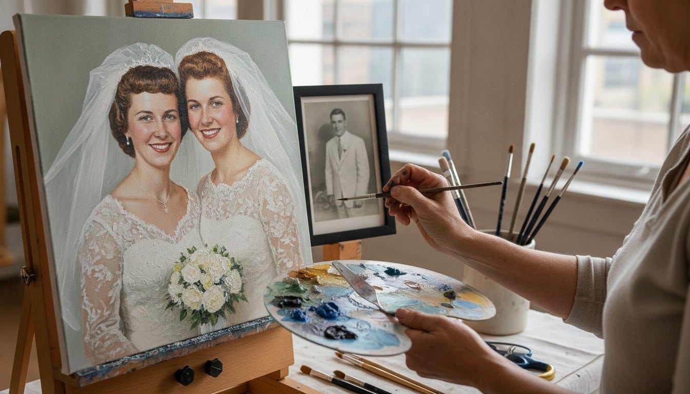 Artist hand-painting anniversary portrait from wedding photograph in studio
