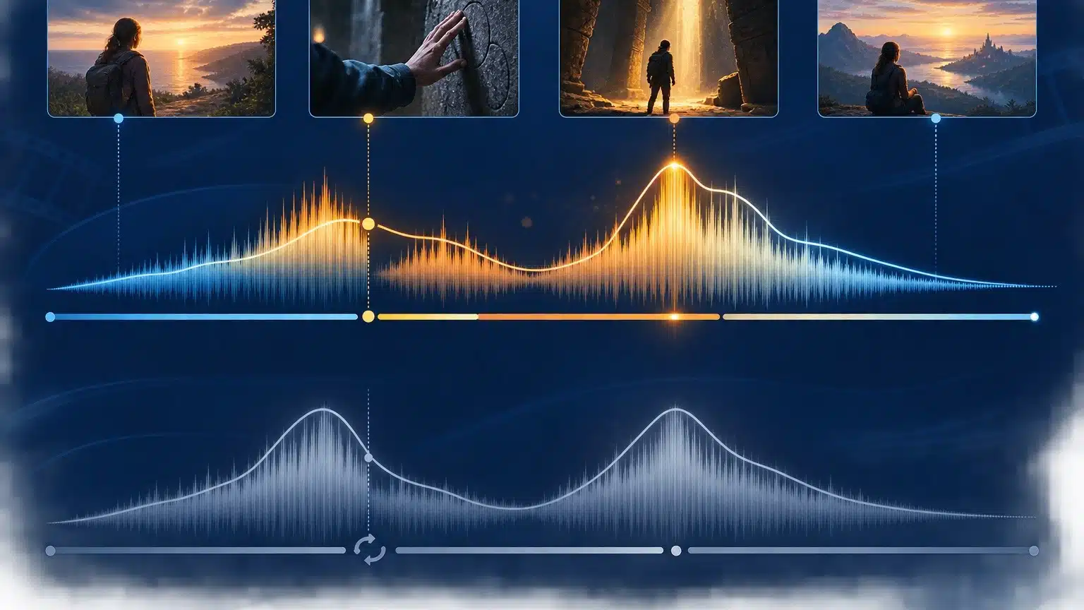 A visual representation of audio waveforms, with corresponding scene images displayed above, illustrating concepts related to music editing and extension.