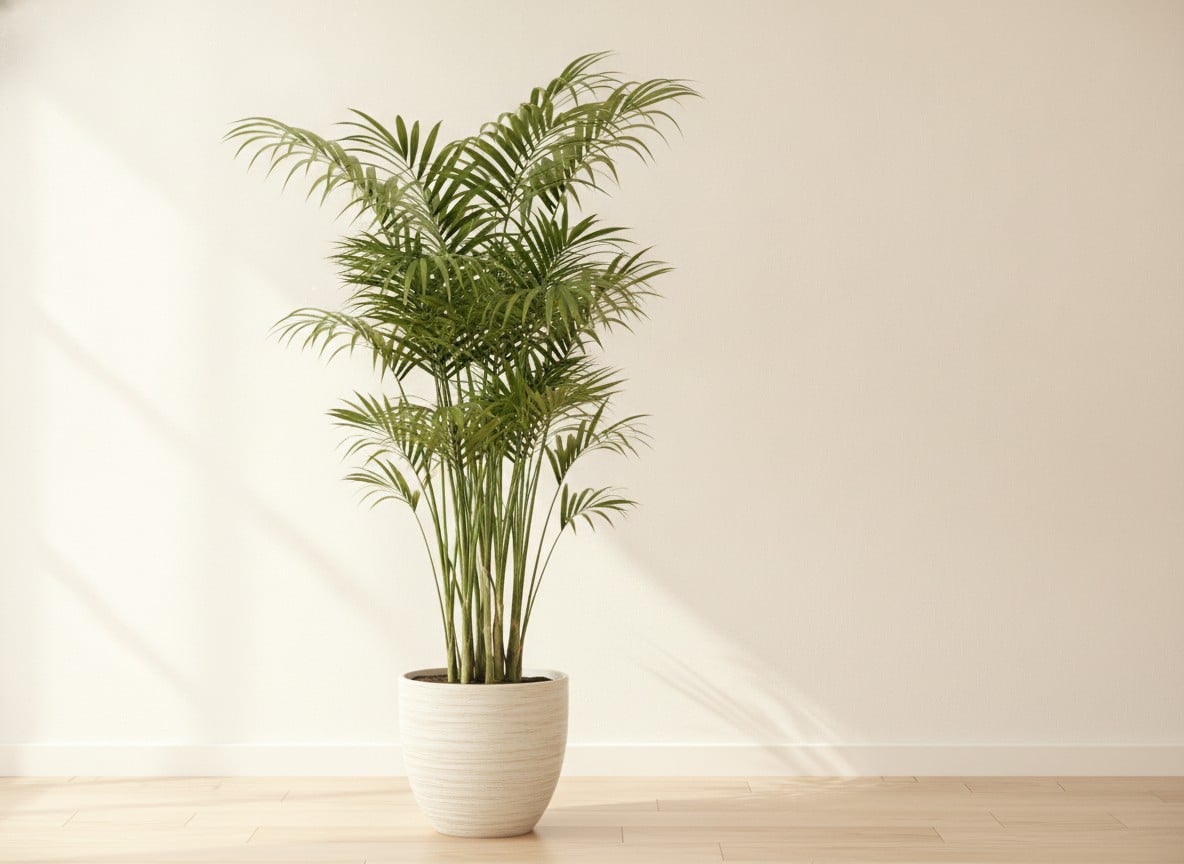 A bamboo palm with slender reed-like stems and dark green fronds in a pot