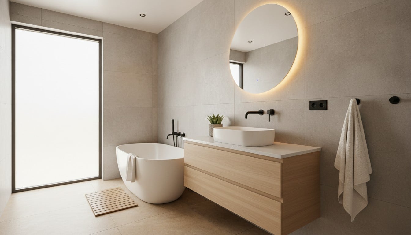 Finished modern bathroom with layered lighting and comfort-focused details