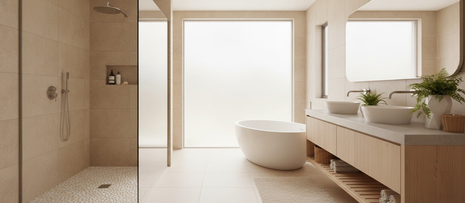 Bathroom Remodel Planning: Safer Access, Easier Cleaning, And Long-Term Comfort Modern bathroom interior featuring a walk-in shower and accessible design