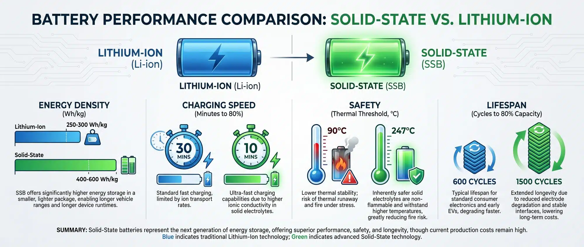 Infographic comparing key performance metrics between solid-state and lithium-ion batteries including energy density, charging speed, safety, and lifespan